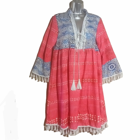 boho Dresses & Skirts - Boho fringed long sleeve red & blue dress. Medium